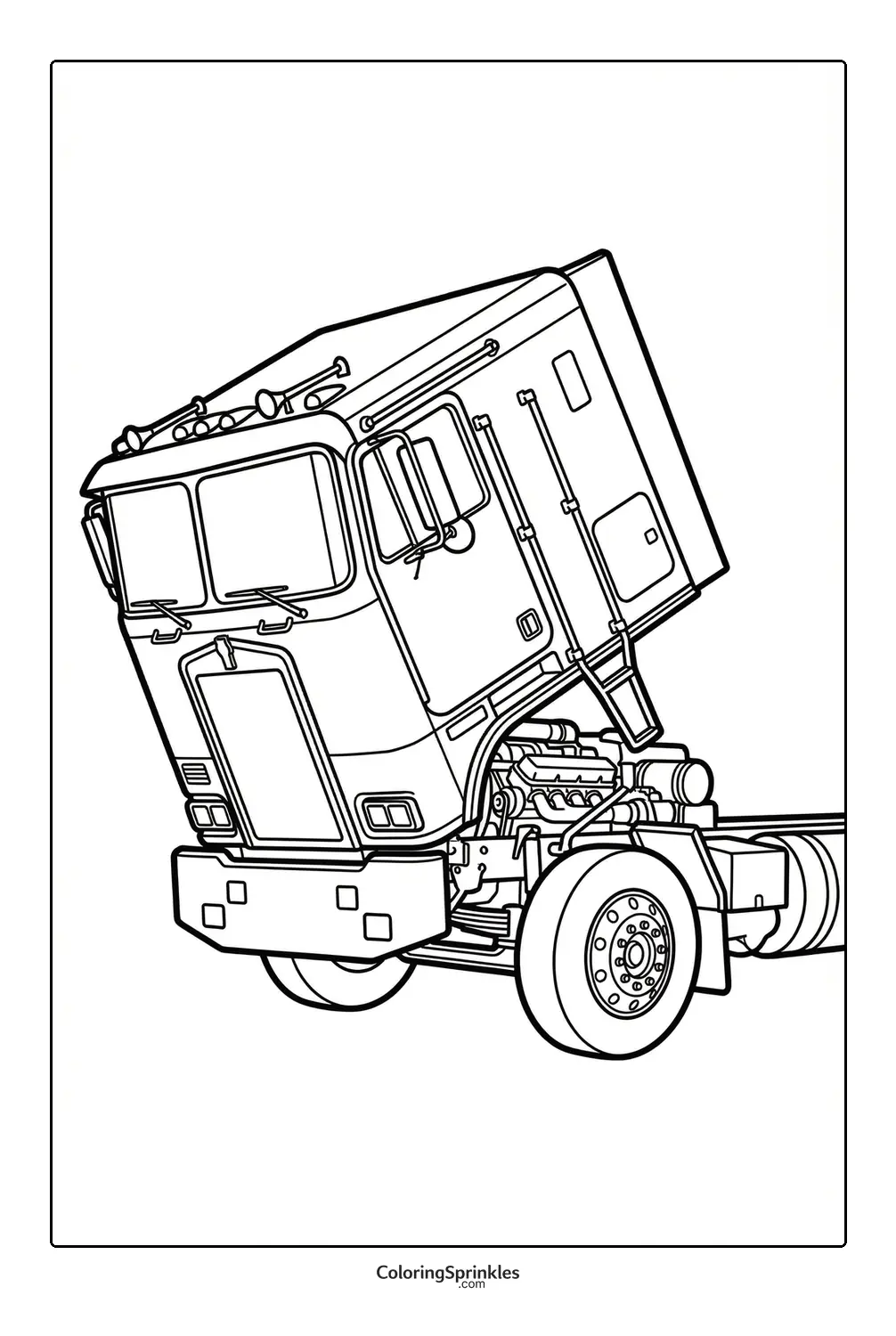 Coloring page of a semi truck cab tilted showing engine