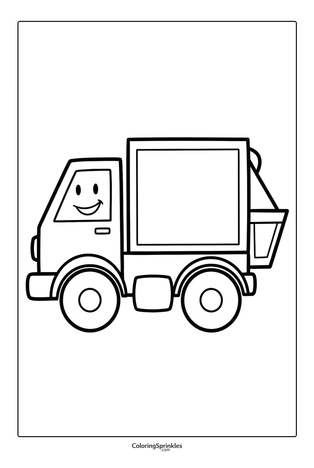 Coloring page of a smiling dump truck simple outline