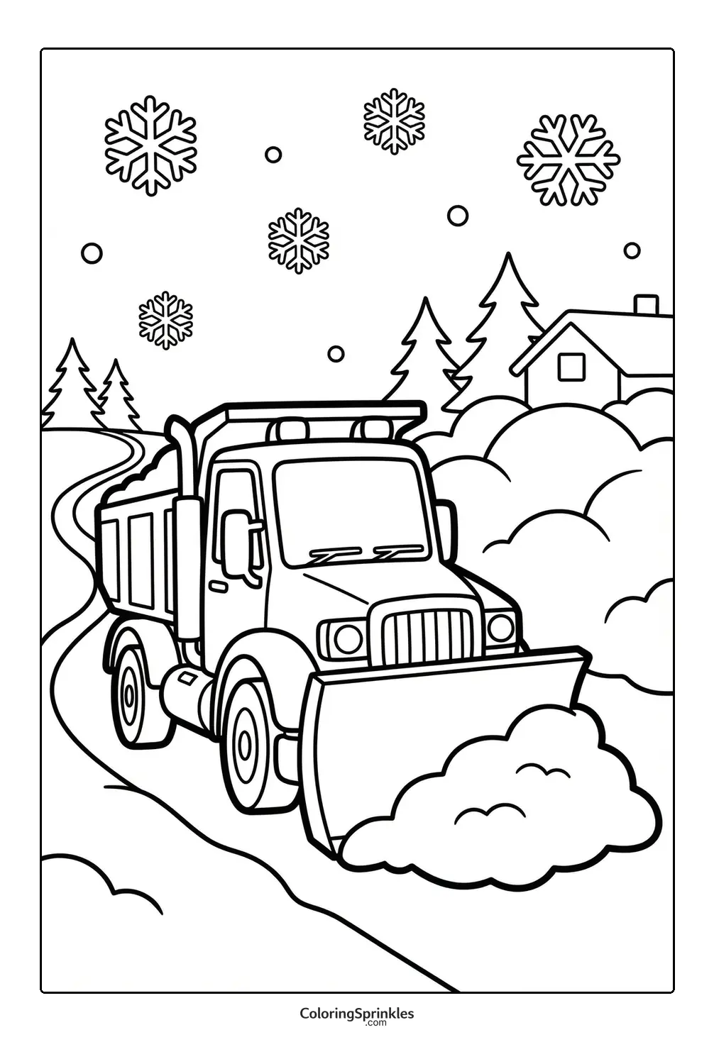 Coloring page of a snow plow truck clearing a snowy road near a house