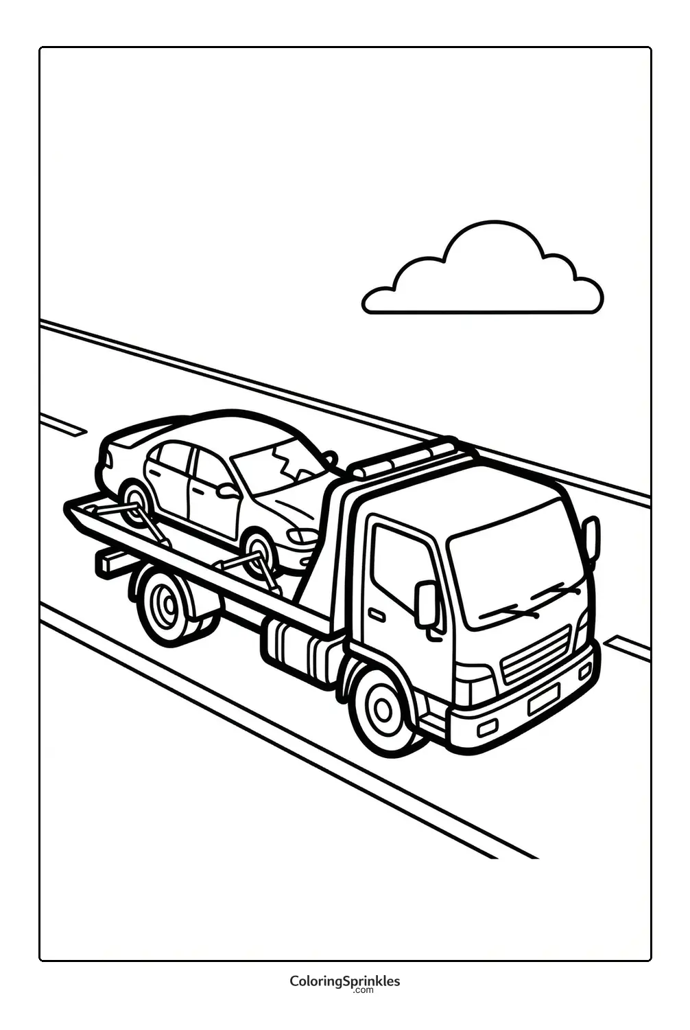 Coloring page of a tow truck carrying a car on the road