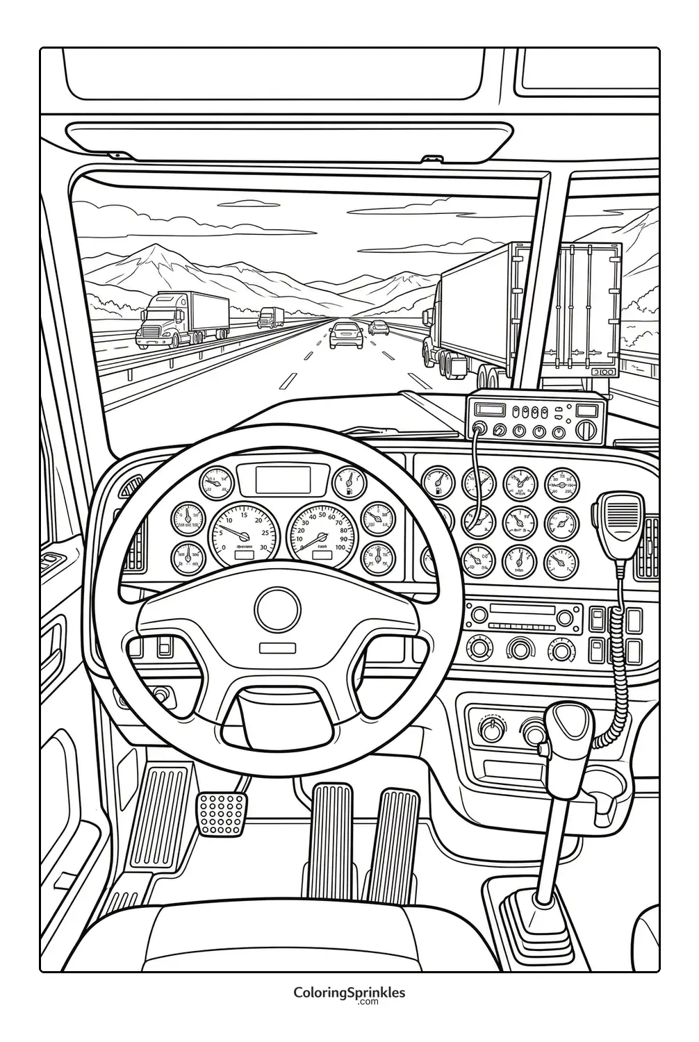 Coloring page of a truck cab interior driving on a highway with mountains