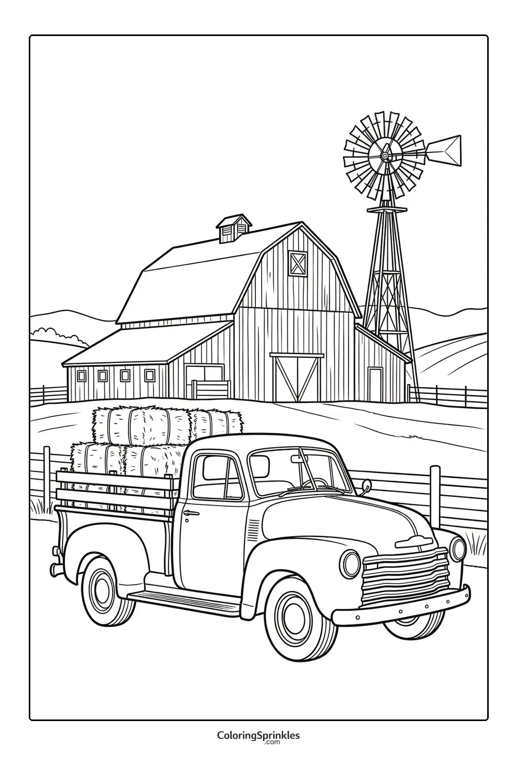 Coloring page of a vintage pickup truck carrying bales of hay near a barn and windmill
